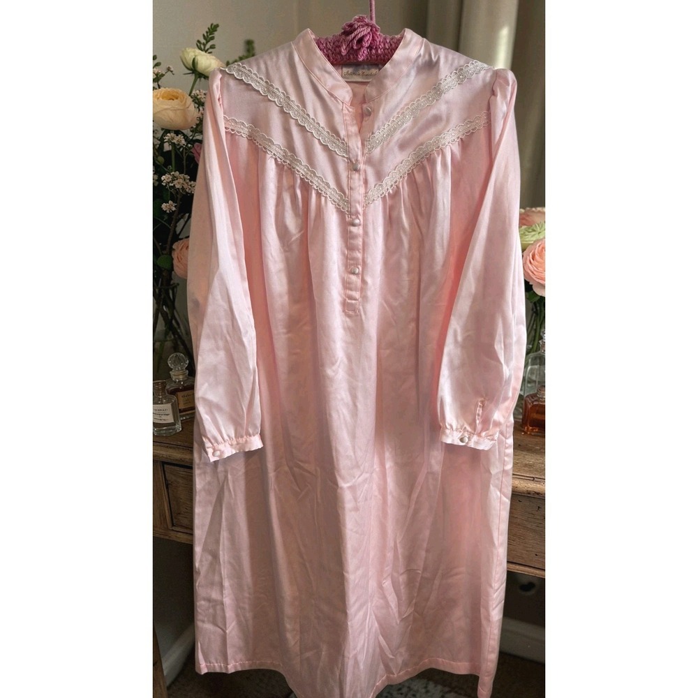 Vintage Pink Satin Lace‎ Nightgown Grannycore Cottagecore Romantic Sleepwear Lg+